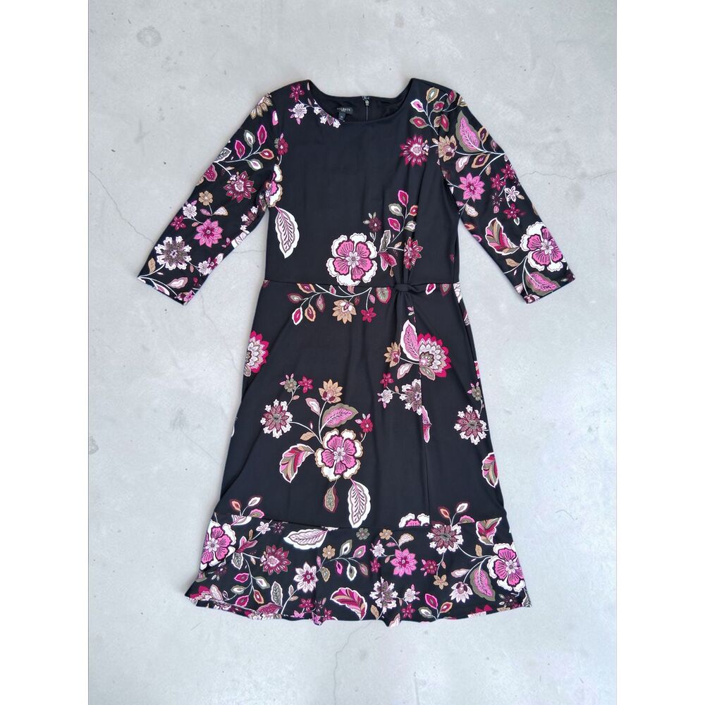 Talbots Petite Size 12P Floral Faux Wrap Midi Dress Black Pink Size 3/4 Sleeve